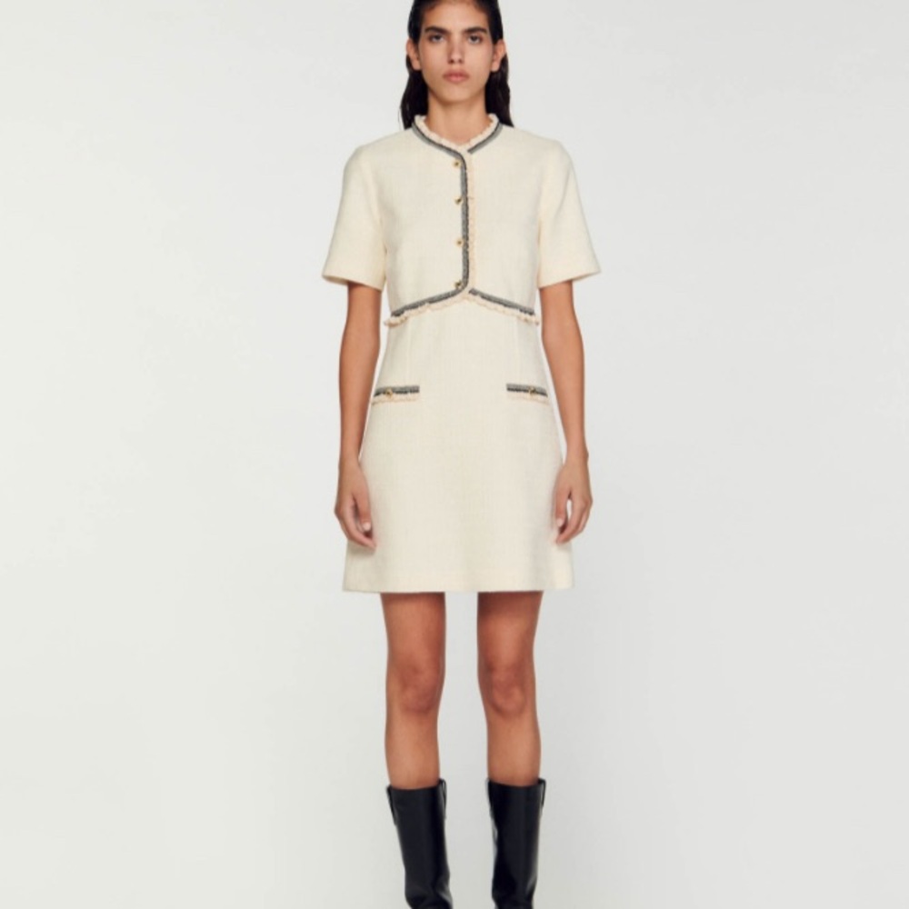 Sandro Paris Tweed Dress in Ecru • Gold accent buttons • Black lace trim